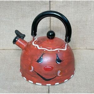 Anthropomorphic Happy Face Orange Metal Teapot Toleware Style Kitsch Fall Autumn